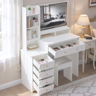 Sunvega 41 Inch Large Size Left Bedside Cabinet Vanity Table with Cushioned Stool