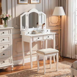 Sunvega Rose Gold Vanity Makeup Table Set with Mirror and Upholstered Bench