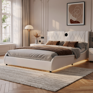 Sunvega Queen Size Faux Leather Platform Bed with RGB LED Lights Bluetooth Speakers