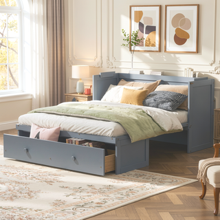 Sunvega Espresso Full Size Murphy Bed with USB Port and Large Drawer for Space Saving