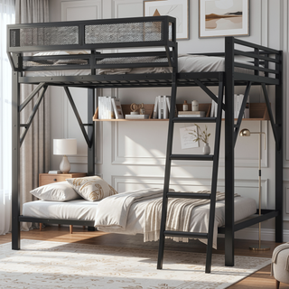Sunvega Full Metal Loft Bed with Storage Shelf and Ladder for Kids Teens