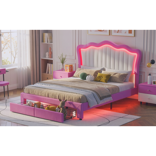 Sunvega Full Size Pink and White Upholstered Princess Bed with Crown Headboard