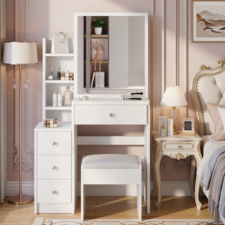 Sunvega Small Space Left Bedside Cabinet Vanity Table with Cushioned Stool