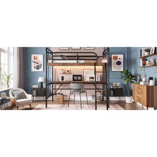 Sunvega Full Metal Loft Bed with Desk, LED Lights, Charging Station, and Safety Stairs