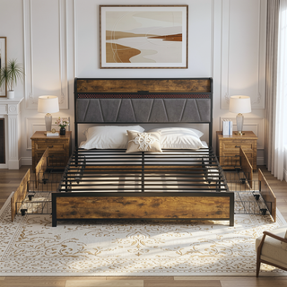 Sunvega Queen Size Storage Bed Frame with Charging Station and RGB LED Lights