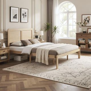 Sunvega Contemporary Natural Finish Full Size Platform Bed Frame with Headboard