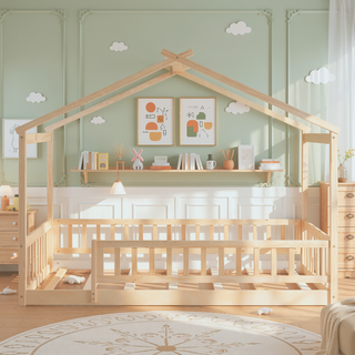 Sunvega Full Size House Bed Frame with Playhouse Fence and Roof for Kids