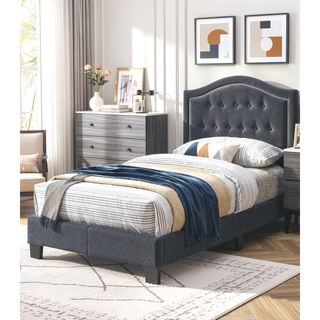 Sunvega European Queen Size Bed with Button Tufted Headboard and Charcoal Finish
