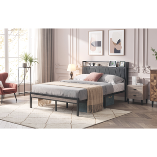 Sunvega Full Size Metal Platform Bed Frame with Upholstery Storage Headboard and Footboard