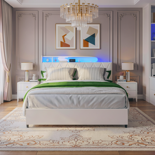 Sunvega Queen Bed Frame with Ergonomic Headboard Outlets Charger LED Light Storage
