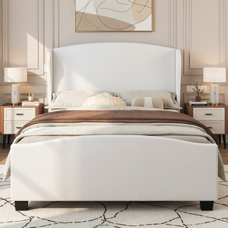 Sunvega Queen Size Linen Upholstered Wingback Bed with 51" High Headboard No Box Spring Needed