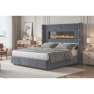 Sunvega King Size Upholstered Wooden Bed with Bluetooth Speakers and USB Ports