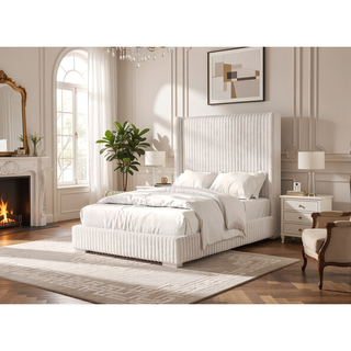 Sunvega Contemporary White Fur Chenille Fabric Mattress Ready Queen Size Bed