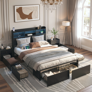 Sunvega Queen Storage Bed Frame with Headboard Charging Station and 4 Drawers