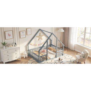 Sunvega Twin Wood House Floor Bed with Guardrail Fence in Grey