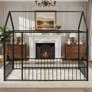 Sunvega Full Size Playhouse Metal Bed Frame with Fence for Kids and Teens