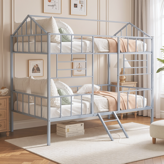 Sunvega Twin Bunk Bed With Full Metal Construction Angled Ladder And Gable Roof Frame
