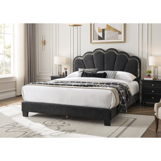 Sunvega Queen Bed with LED Headboard and Scalloped Tufted Upholstery in Charcoal