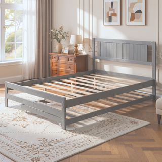 Sunvega Full Size Platform Bed with Adjustable Trundle and Headboard in Gray