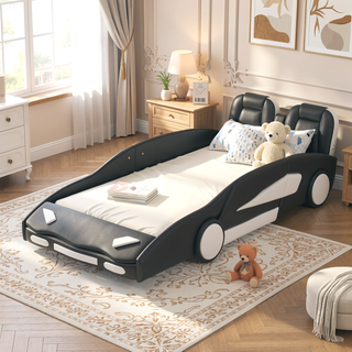 Sunvega Twin Size White Race Car Platform Bed with Wheels for Kids Bedroom