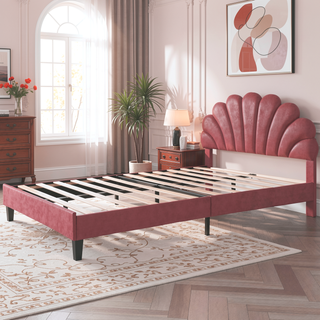 Sunvega Queen Size Upholstered Platform Bed with Flower Pattern Velvet Headboard