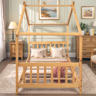 Sunvega Natural Wood Full Size House Platform Bed with Two Storage Drawers