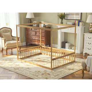 Sunvega Wooden Canopy Frame Floor Bed with Guardrails for Safety and Privacy