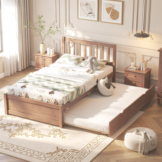 Sunvega Modern Walnut Twin Size Platform Bed Frame with Trundle for Space Saving