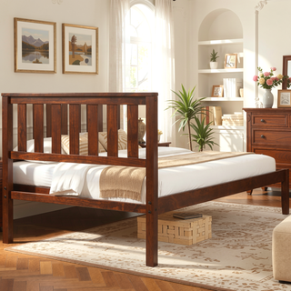 Sunvega Solid Pine Wood Platform Bed with Headboard and Slat Support Twin Walnut