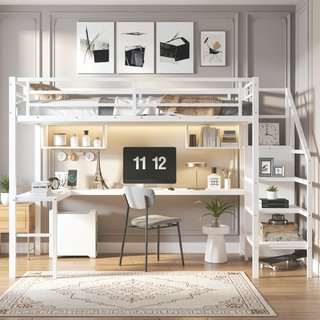 Sunvega Twin XL Size Loft Bed with Wardrobe Stairs USB LED Light and Desk