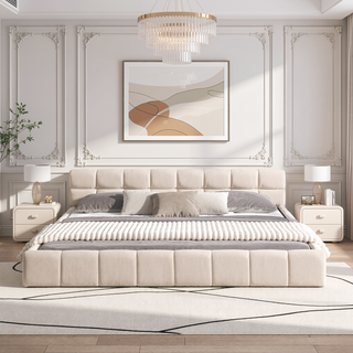 Sunvega Elegant Beige Chenille Upholstered King Bed with Checkerboard Headboard