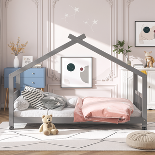 Sunvega Full Size Playhouse Design Wood Bed with Roof for Kids Room