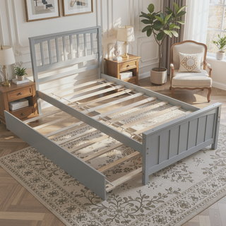 Sunvega White Twin Size Wood Platform Bed with Trundle for Maximized Space