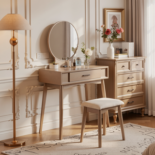 Sunvega Gold Modern Wood Vanity Set with Round Mirror and Matching Stool