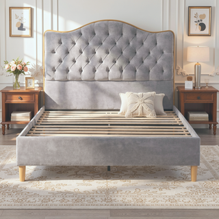 Sunvega Upholstered Queen Bed Frame with Tufted Headboard and Curved Design