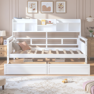 Sunvega Twin Size Daybed with Wood Slat Support, Bedside Shelf, and Two Drawers