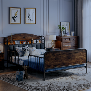 Sunvega Kids Full Metal Bed with Upholstered Headboard LED Lights and Storage