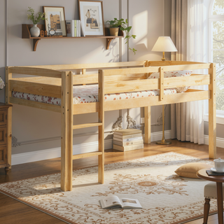Sunvega Low Twin Wood Loft Bed with Ladder in Walnut for Kids Bedroom