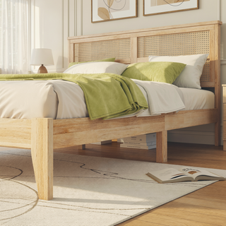 Sunvega Full Size Bed with Rattan Headboard Two Storage Drawers and Enhanced Support Slats