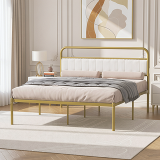 Sunvega Queen Size Metal Frame Bed with Upholstered Headboard for Hotels Villas