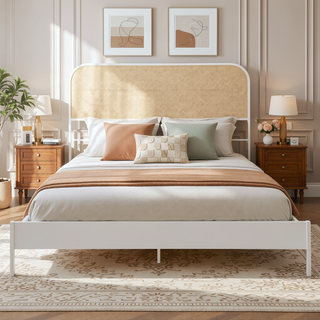 Sunvega Coastal White Queen Metal Bed with Radio Weave Rattan Headboard