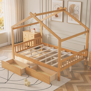 Sunvega Natural Wood Full Size House Platform Bed with Two Storage Drawers