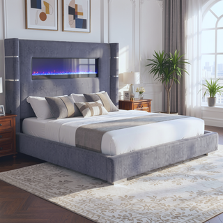Sunvega Queen Size Upholstered Wingback Panel Bed with Black Corduroy and Flame Box