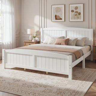 Sunvega White Solid Wood Queen Platform Bed with Slats No Box Spring Needed