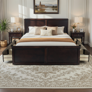 Sunvega Sturdy White Queen Size Platform Bed Frame with 6 Storage Drawers