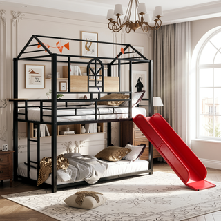 Sunvega Twin Over Twin Metal Bunk Bed With Slide And Playhouse Design In Three Colors