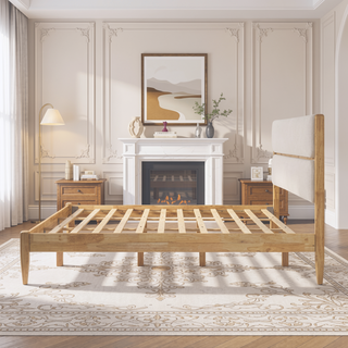 Sunvega King Size Solid Wood Bed Frame With Fleece Upholstered Headboard