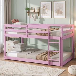 Sunvega Twin over Twin Floor Bunk Bed with Ladder and Strengthened Slats in Espresso