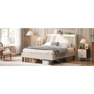 Sunvega Full Size Upholstered Platform Bed Frame with Headboard and USB Charging
