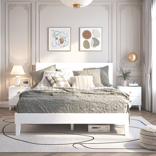 Sunvega Queen Platform Bed in White Crafted from Solid Pine with 28-Slat Support
